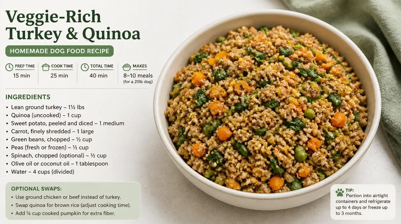 Homemade dog food with vegetables in a bowl